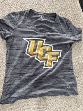 LG Women’s Gray Striped V-Neck T-Shirt with Gold UCF Logo